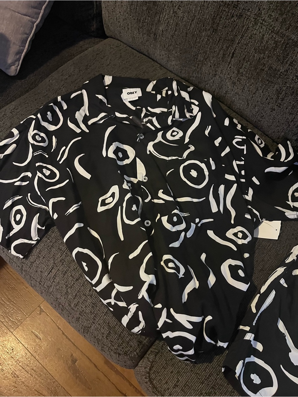Obey Black & White Abstract Print Short Sleeve Button-Up Shirt